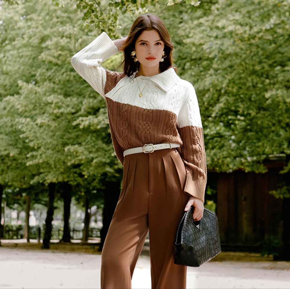 Petite Studio French Style Rowen Wool Sweater - Ivory & Caramel
